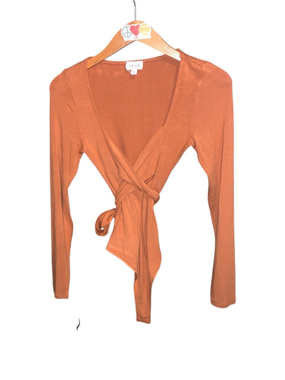 Le Lis Rust Orange Wrap Neck Bodysuit Long Sleeve Thong